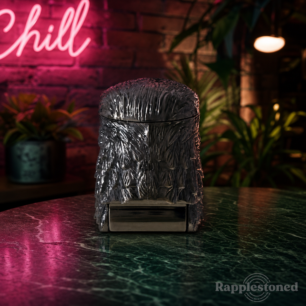 Metallic textured grinder on a reflective surface with a neon 'Chill' sign in the background