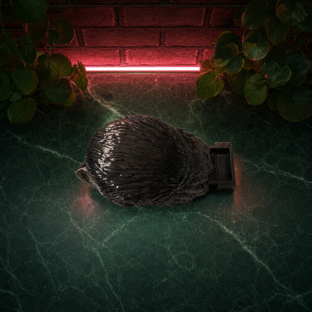 Decorative stone grinder on a textured surface with red light in the background