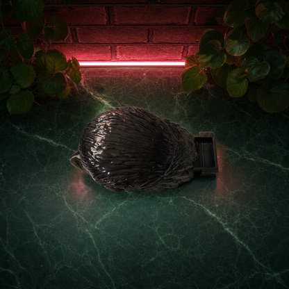 Decorative stone grinder on a textured surface with red light in the background