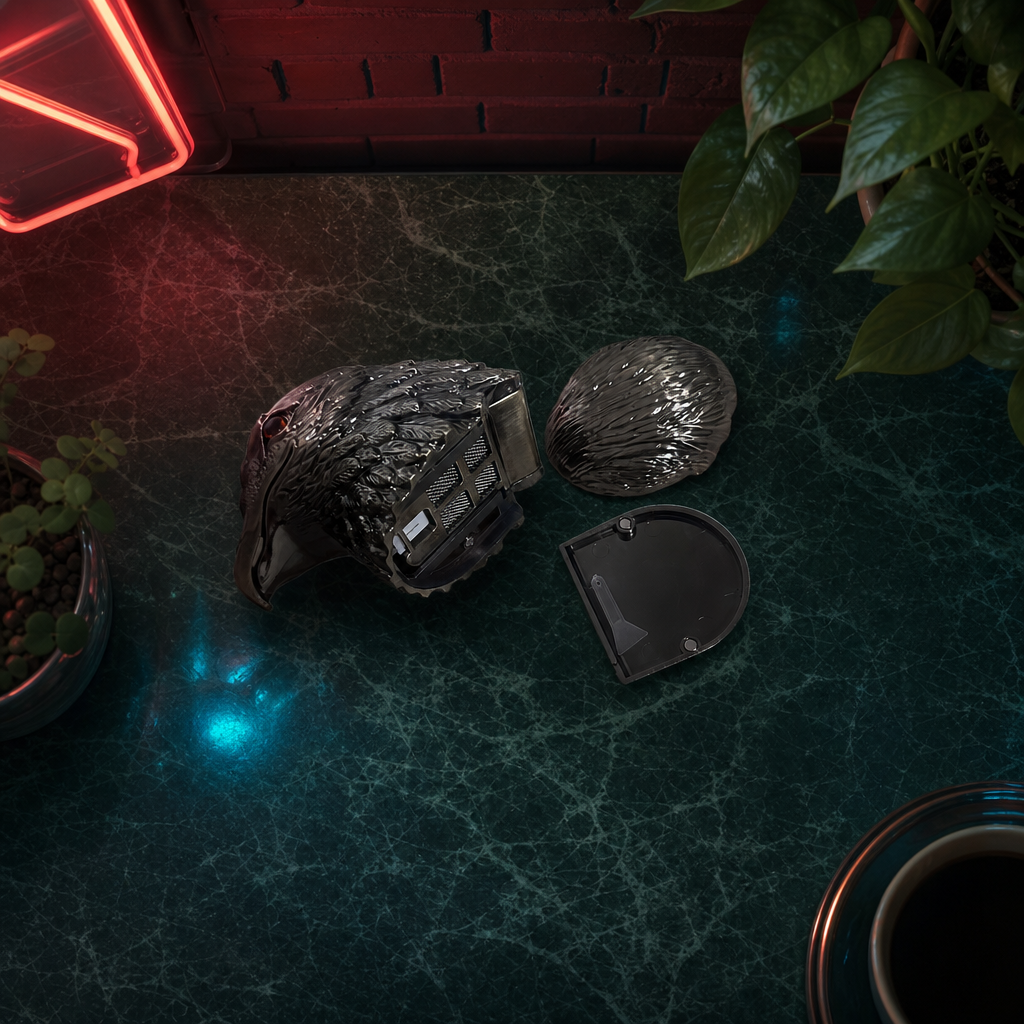 Black herb grinder on a dark surface with plants and neon lights in the background