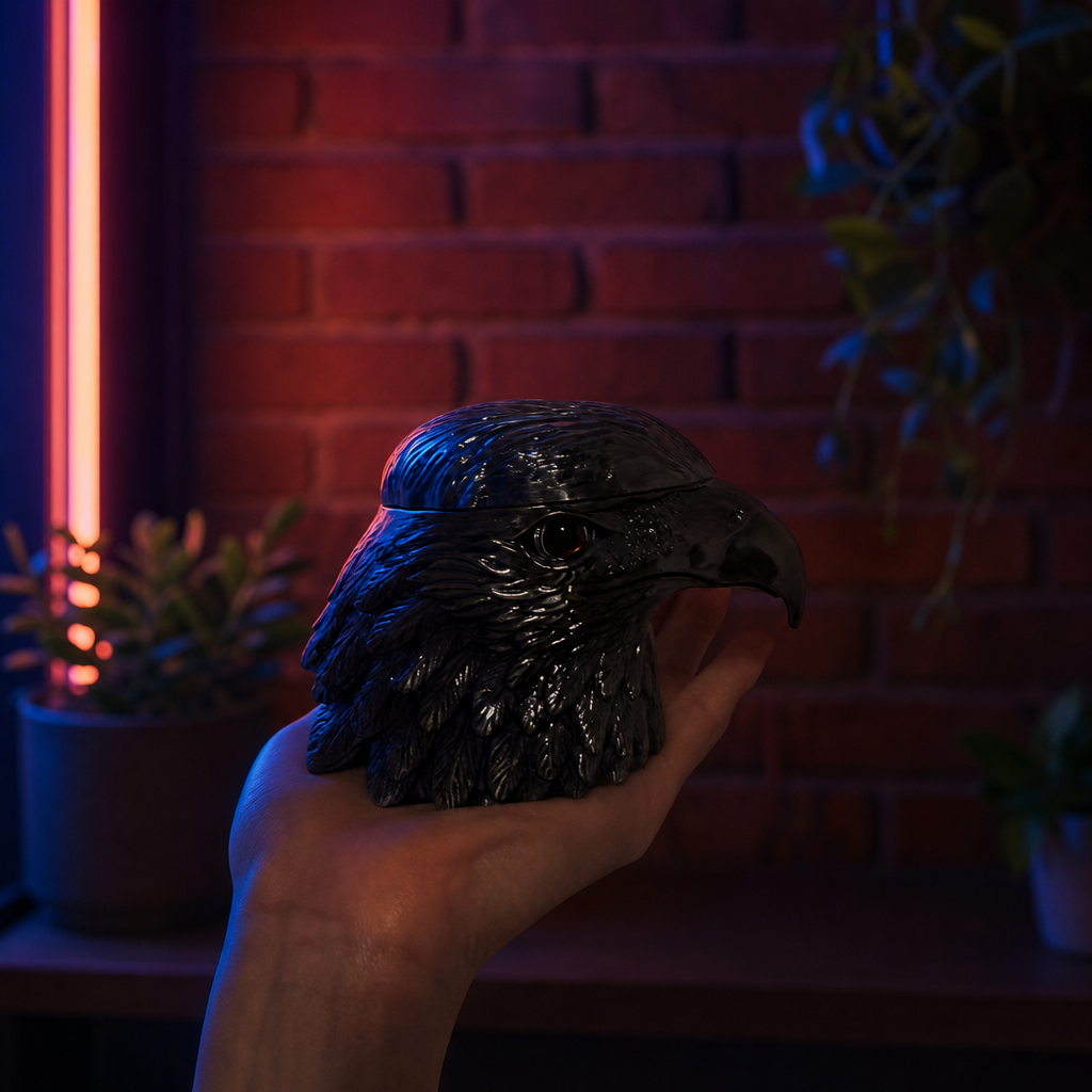 Hand holding a bird-shaped grinder with a brick wall and neon light in the background
