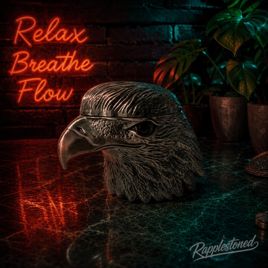 Patriot Eagle Head Metal Grinder – Brass, Bronze & Black FinishEagle head grinder with neon sign 'Relax Breathe Flow' in a dimly lit room.