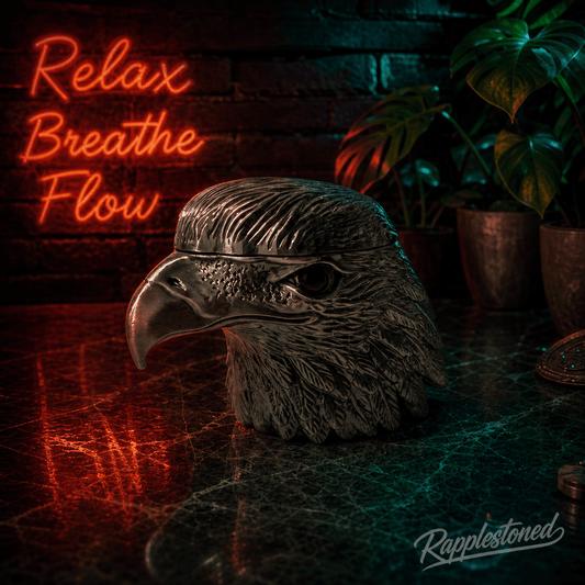 Patriot Eagle Head Metal Grinder – Brass, Bronze & Black FinishEagle head grinder with neon sign 'Relax Breathe Flow' in a dimly lit room.