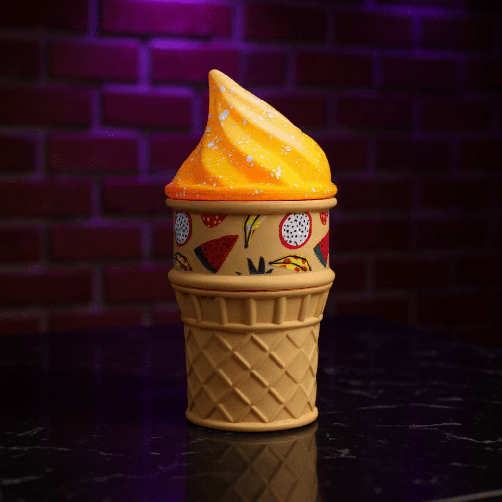 Yellow ice cream cone-shaped herb grinder with colorful design on a reflective surface