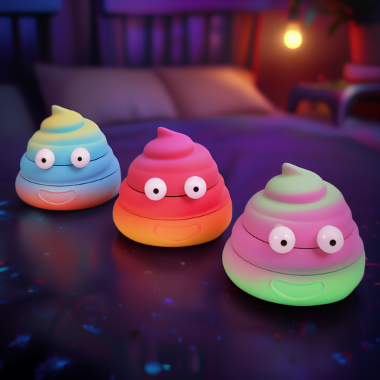 poop emoji shaped grinderThree colorful poop grinders—blue, red, and green—lined up on a dark tabletop.