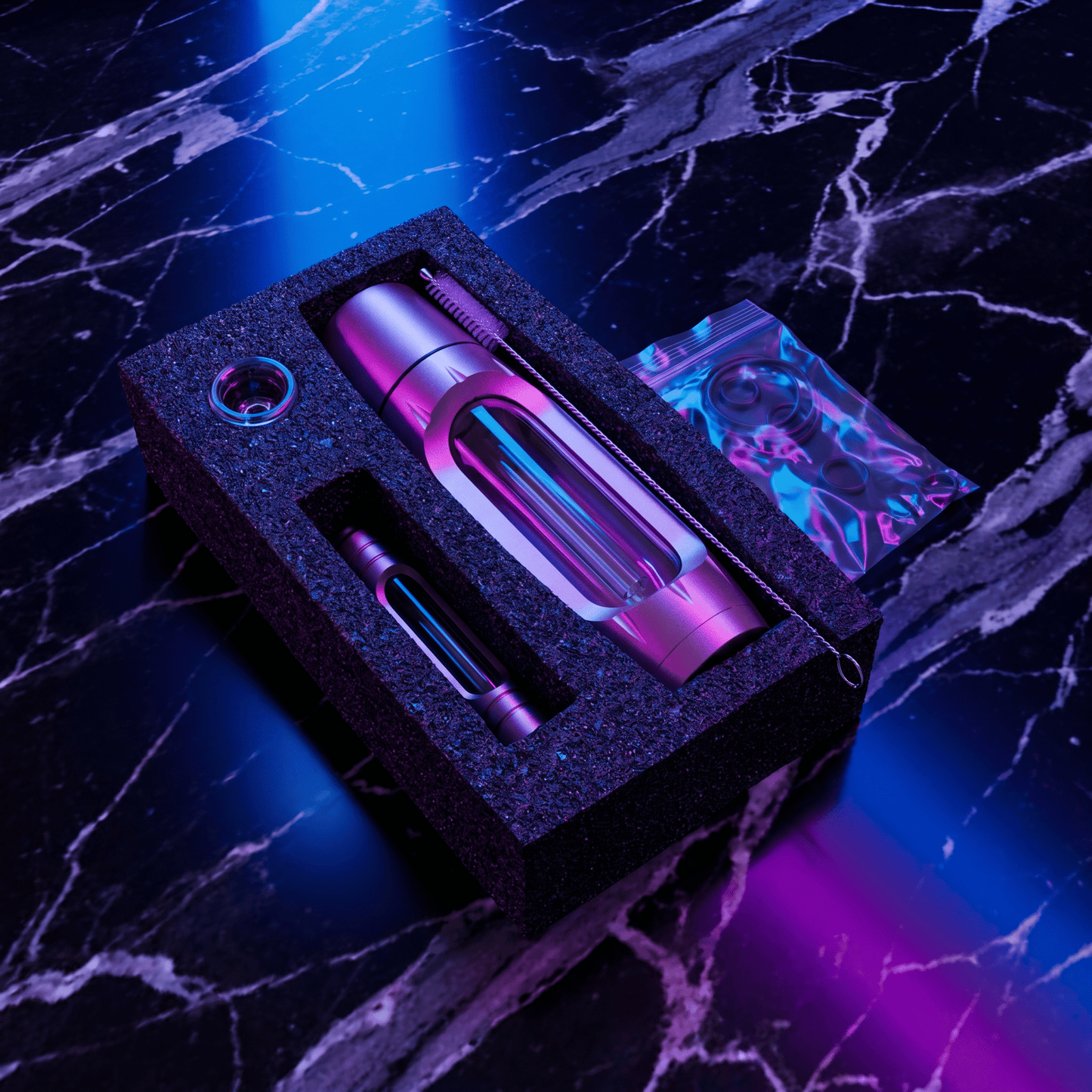 Heavy Duty Spill - Proof Water PipeMetallic pipe in a black box on a dark marble surface with blue lighting