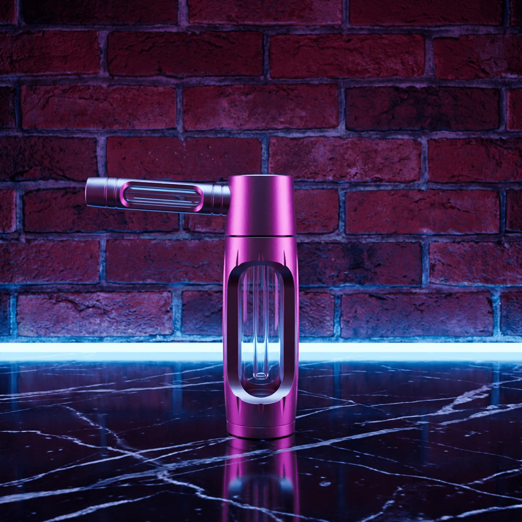Heavy Duty Spill - Proof Water PipePink handheld pipe on a marble surface with a brick wall background