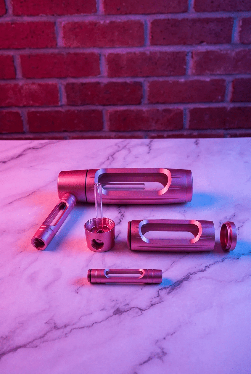Heavy Duty Spill - Proof Water PipeMetallic pipe components on a marble surface with a brick wall background