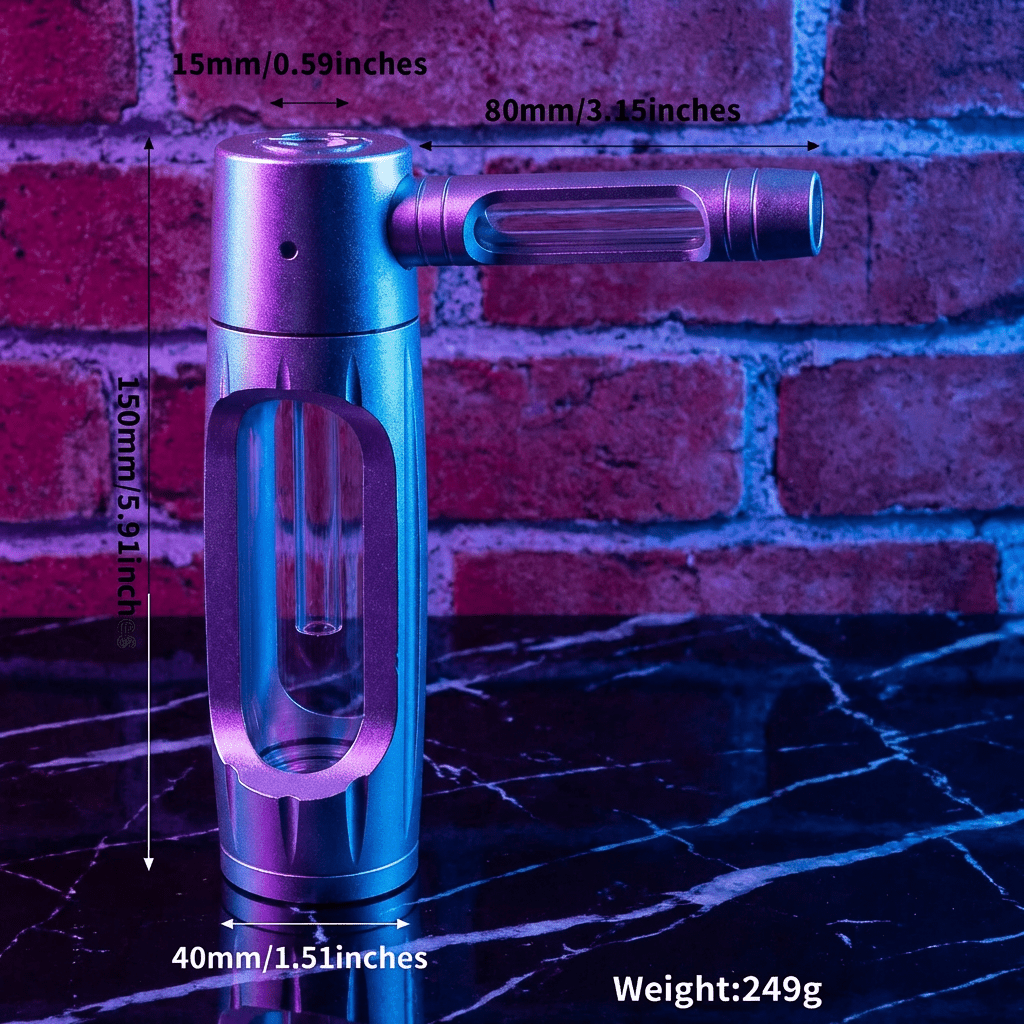 Measurement chart of a handheld bong with dimensions and weight displayed against a brick wall.
