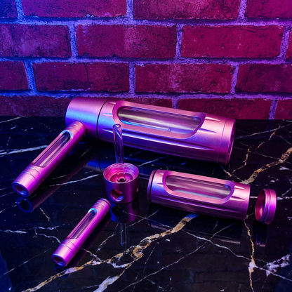 Heavy Duty Spill - Proof Water PipePurple cylindrical pipe on a black marble surface with a brick wall background
