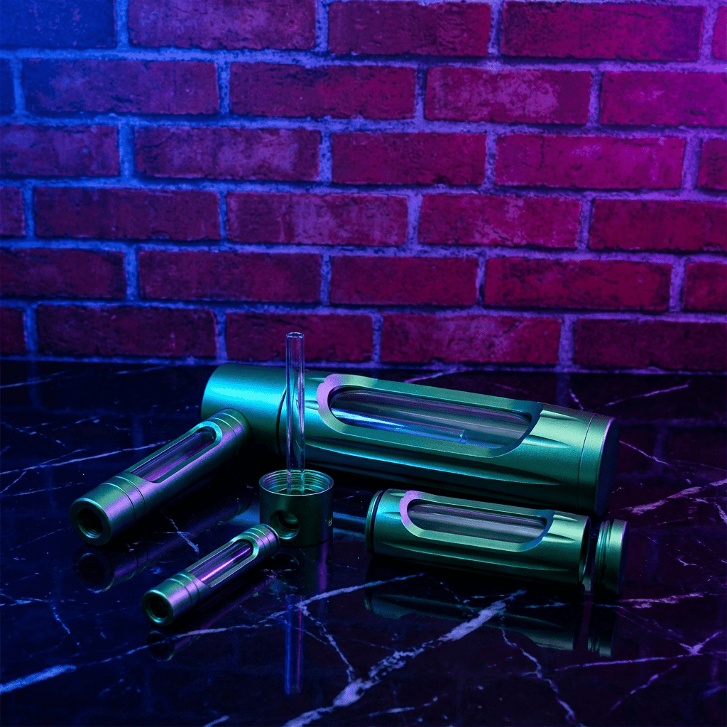 Heavy Duty Spill - Proof Water PipeColorful metallic cylindrical pipe on a reflective surface with a brick wall background