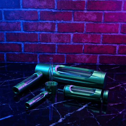 Heavy Duty Spill - Proof Water PipeColorful metallic cylindrical pipe on a reflective surface with a brick wall background