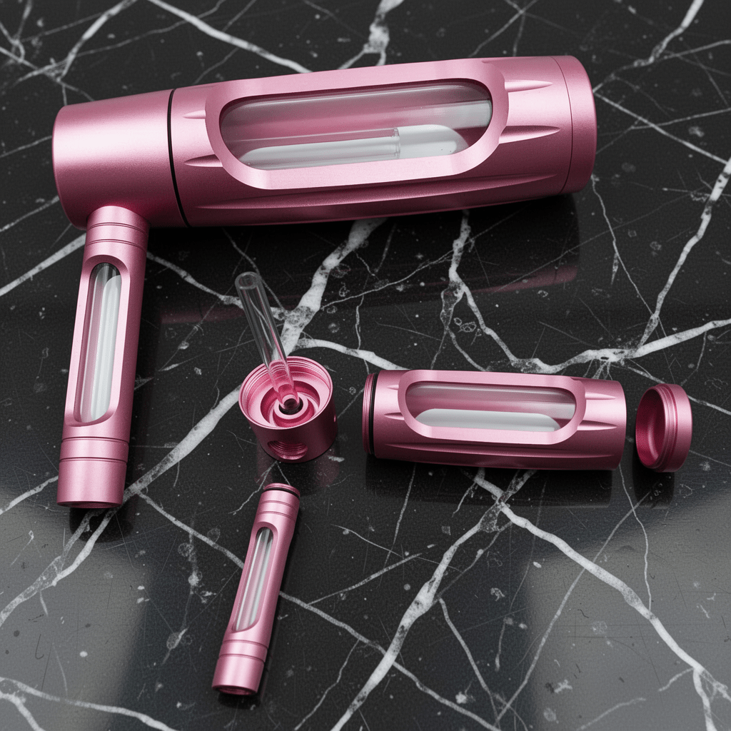 Heavy Duty Spill - Proof Water PipePink water pipe cleaner with attachments on a black marble surface