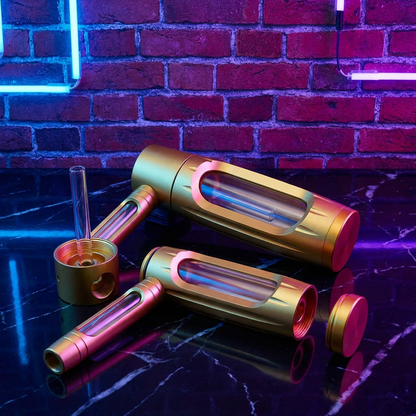 Heavy Duty Spill - Proof Water PipeGold and red metal pipes on a reflective surface with a brick wall background