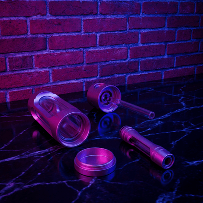 Heavy Duty Spill - Proof Water PipePurple metal cylindrical smoking pipe set on a reflective surface