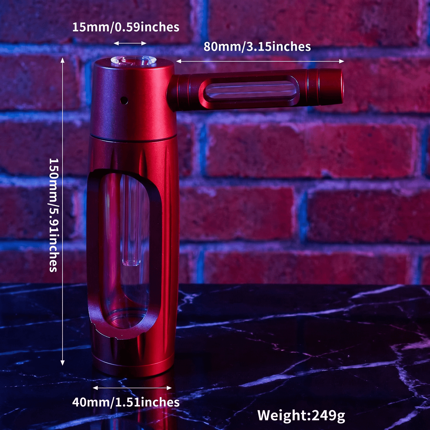 Heavy Duty Spill - Proof Water PipeRed handheld pipe with measurements and weight displayed against a brick wall background