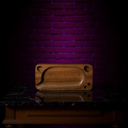 Premium Wooden Rolling Tray - Preset Tool for SmokingPremium Wooden Rolling Tray - Wooden cutting tray on a reflective surface with a dark brick wall background