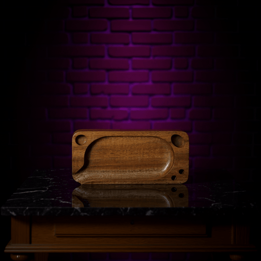 Premium Wooden Rolling Tray - Preset Tool for SmokingPremium Wooden Rolling Tray - Wooden cutting tray on a reflective surface with a dark brick wall background