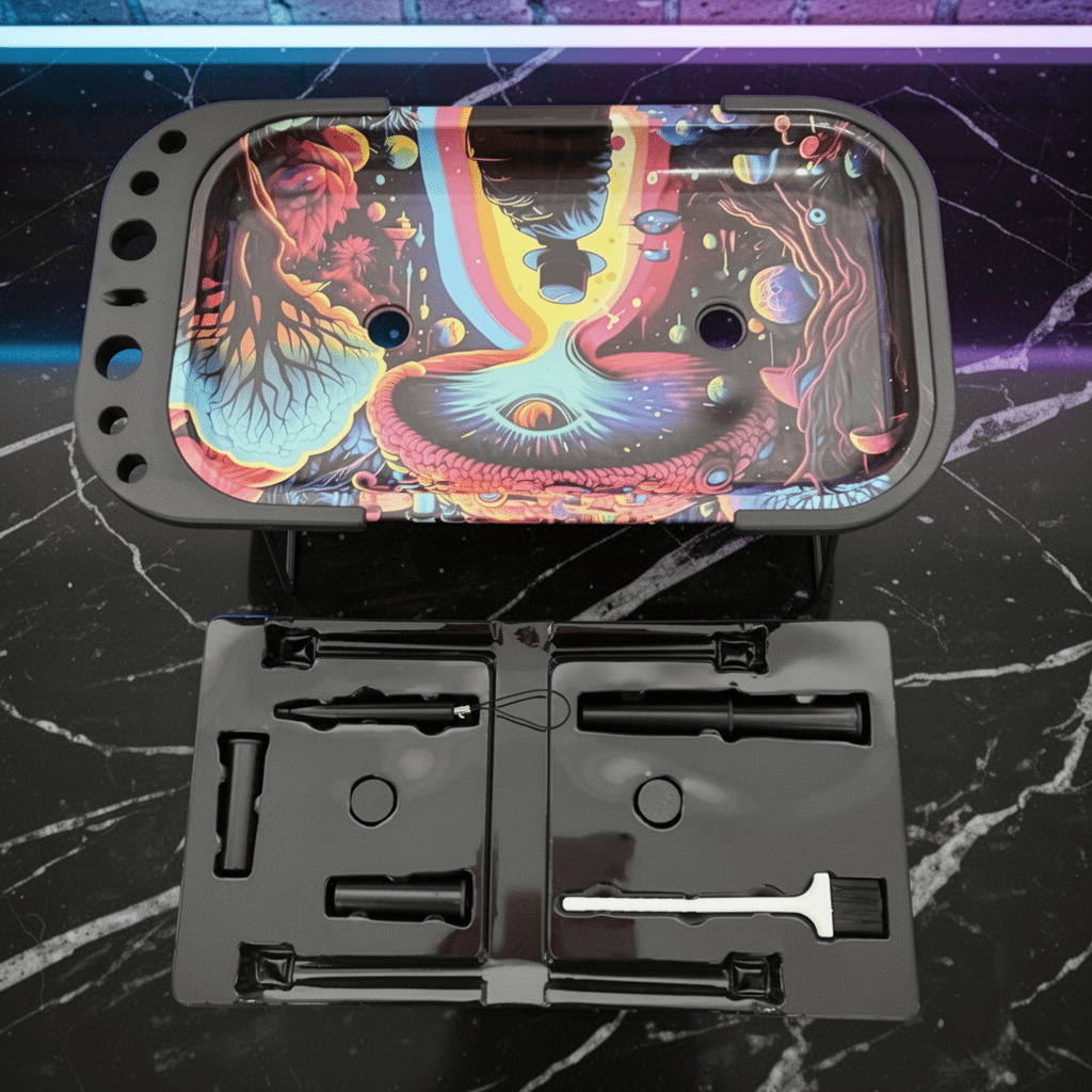 Trippy Cosmic Prep Tablerolling tray set with a colorful abstract design on a black marble surface