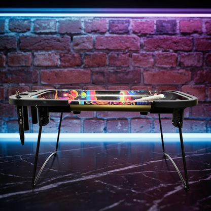 Trippy Cosmic Prep Tablesmoking rolling tray table with colorful balls on a dark surface and brick wall background