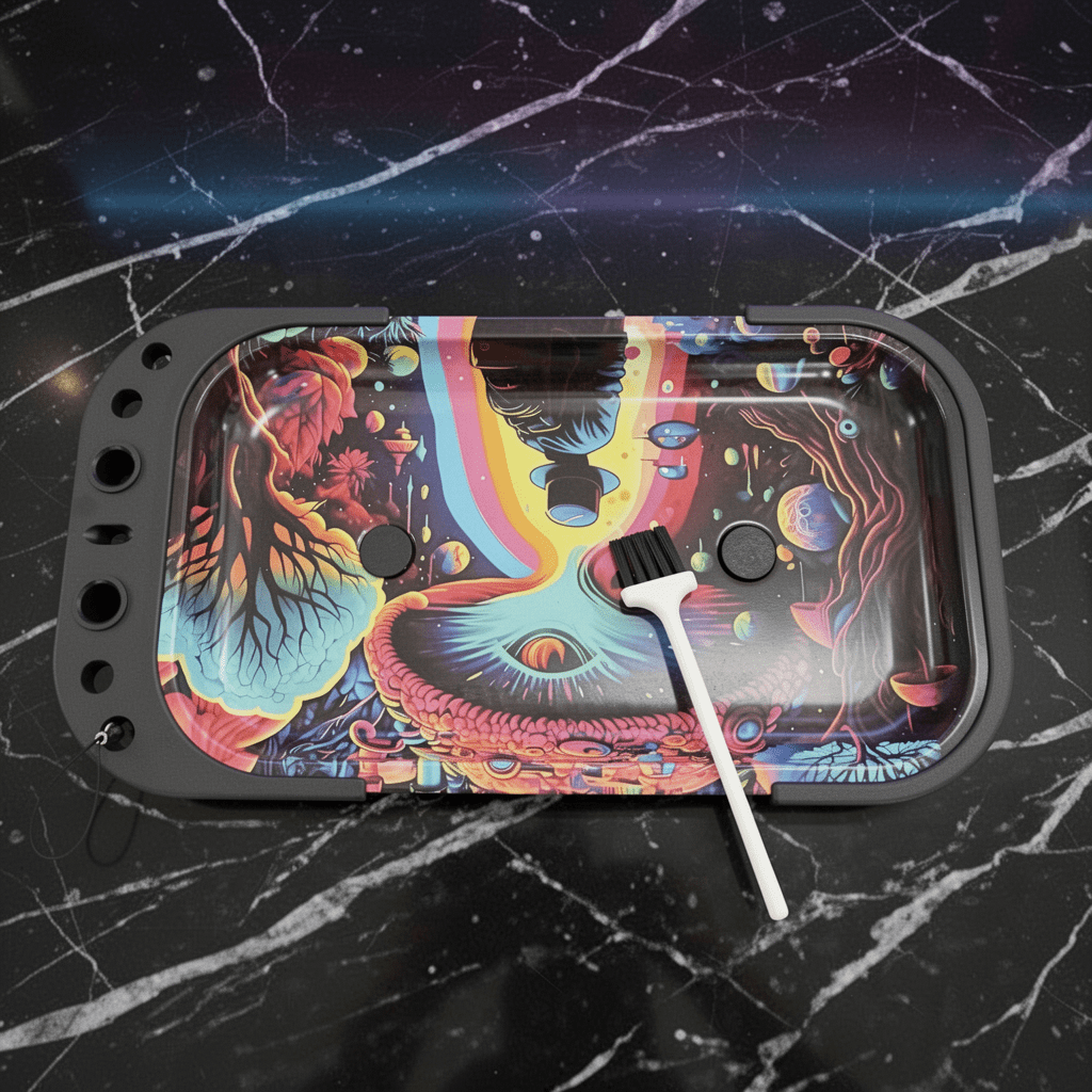 Trippy Cosmic Prep TableColorful psychedelic design tray with a brush on a black marble surface