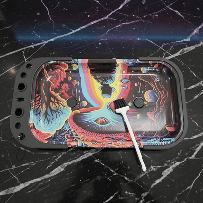 Trippy Cosmic Prep TableColorful psychedelic design tray with a brush on a black marble surface