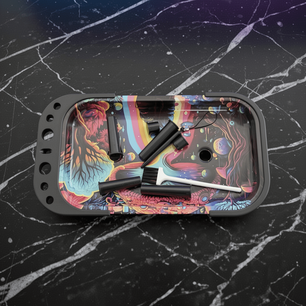 Trippy Cosmic Prep TableColorful tray with tools on a black marble surface