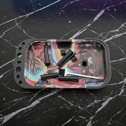 Trippy Cosmic Prep TableColorful tray with tools on a black marble surface