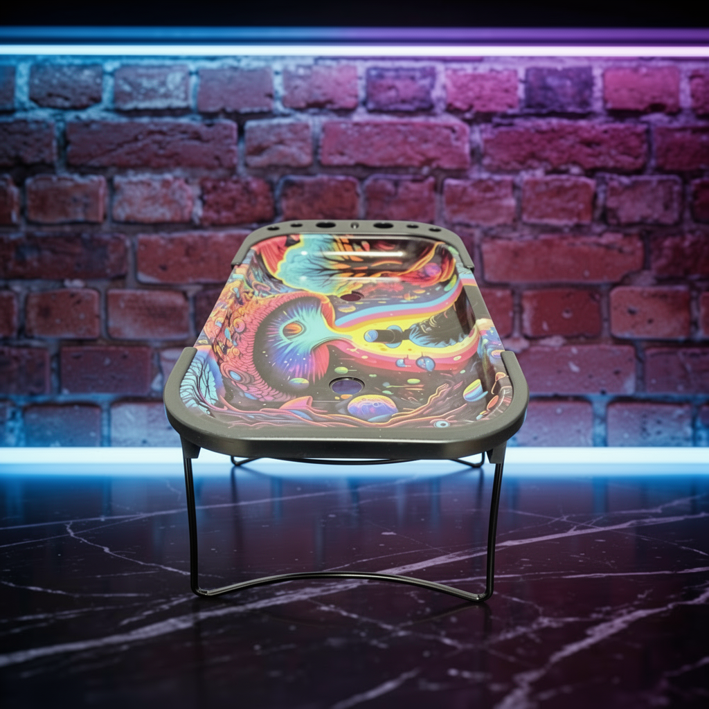 Trippy Cosmic Prep TableColorful, rolling tray table against a brick wall with neon lights.