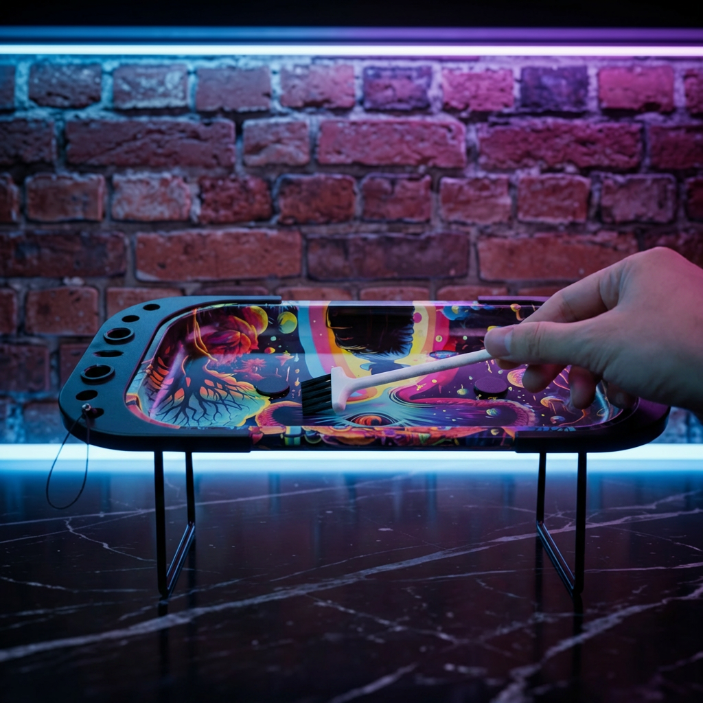 Trippy Cosmic Prep TableColorful rolling tray on a stand with a hand holding a controller against a brick wall background