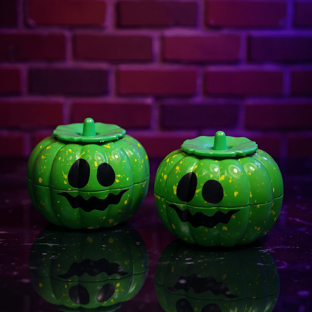 Pumpkin Herb Grinder – 3 - Piece GrinderTwo green pumpkin - shaped grinder with faces on a reflective surface