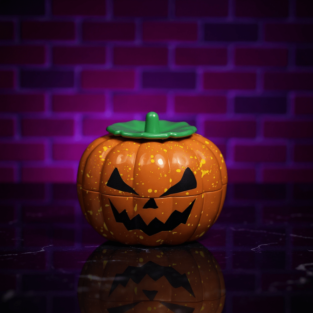 Pumpkin Herb Grinder – 3 - Piece GrinderPumpkin - shaped herb grinder with a green lid on a reflective surface