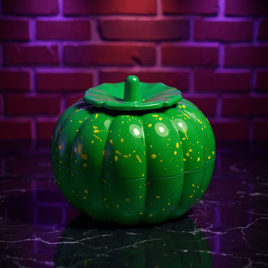 Pumpkin Herb Grinder – 3 - Piece GrinderGreen pumpkin - shaped herb grinders with yellow speckles on a dark surface