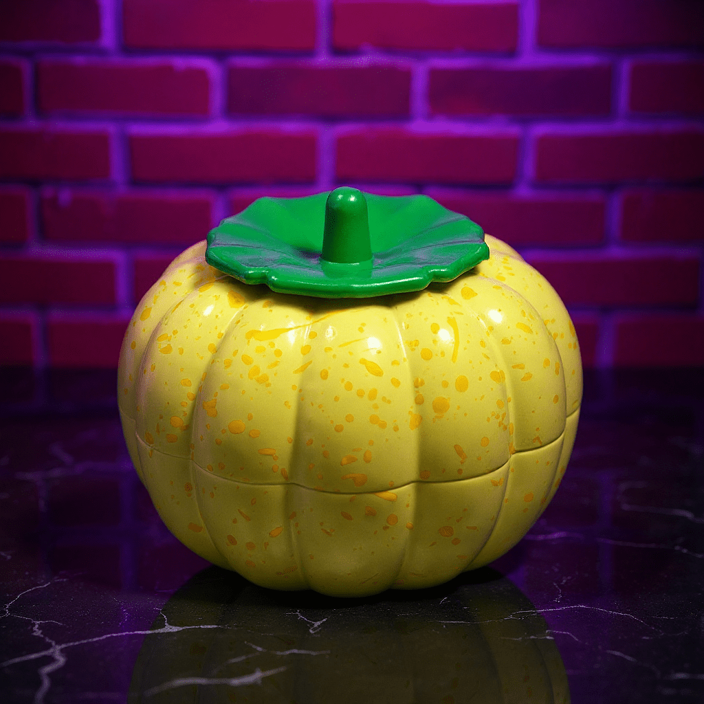Pumpkin Herb Grinder – 3 - Piece GrinderYellow pumpkin - shaped grinder with a green lid on a reflective surface