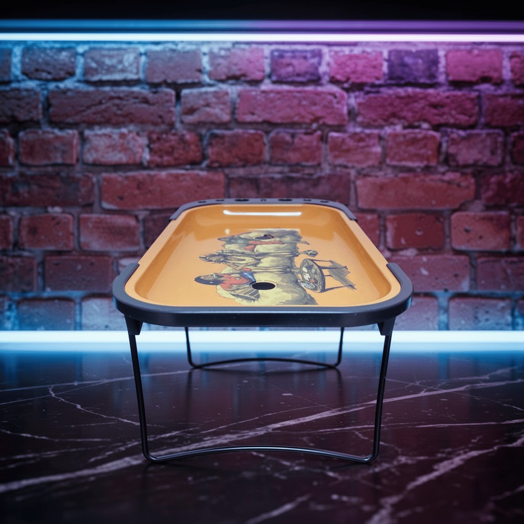 Reggae Mini Folding Prep TableSmall rolling tray with a colorful design on a dark surface with a brick wall background