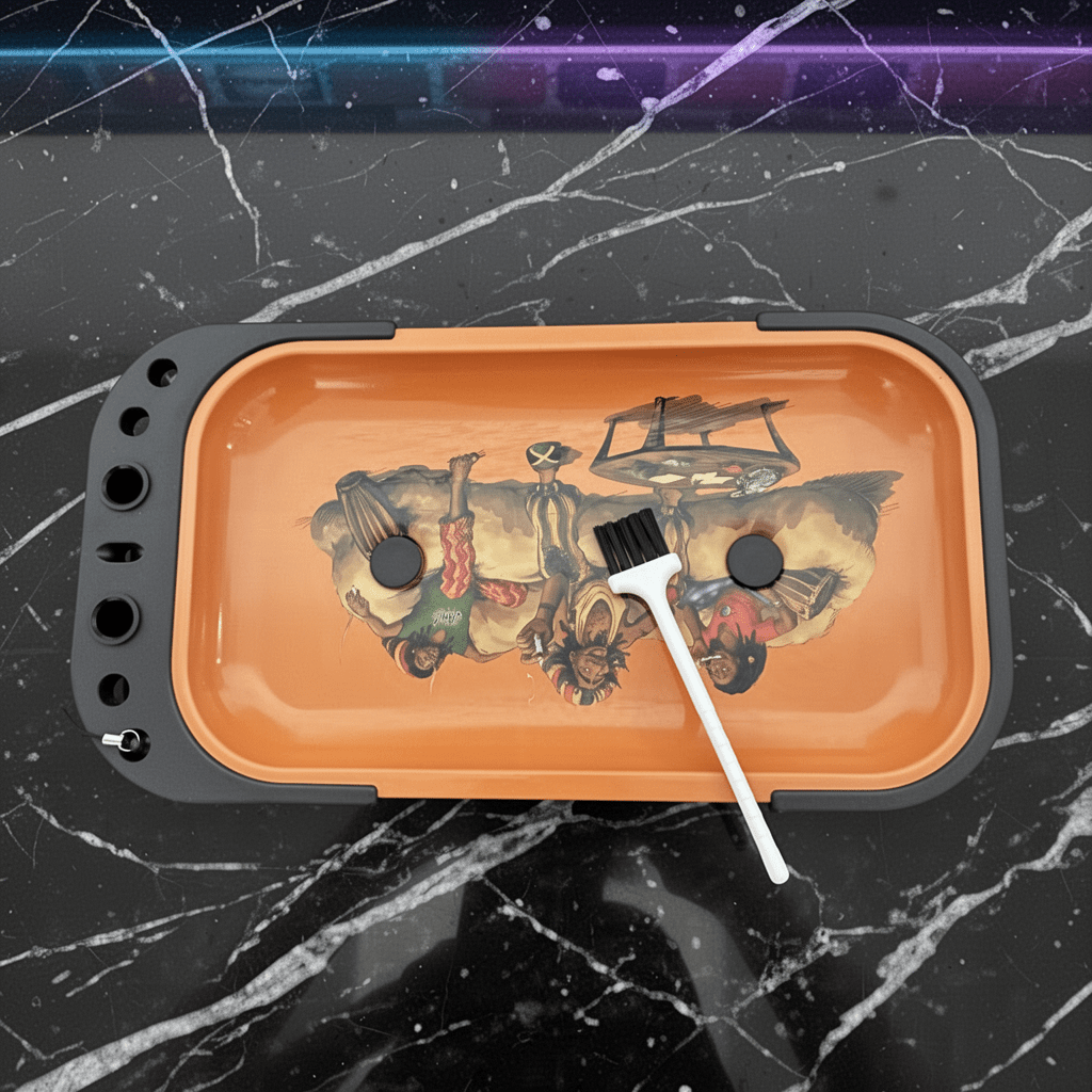 Reggae Mini Folding Prep TableOrange smoking tray with decorative design and cleaning brush on a black marble surface