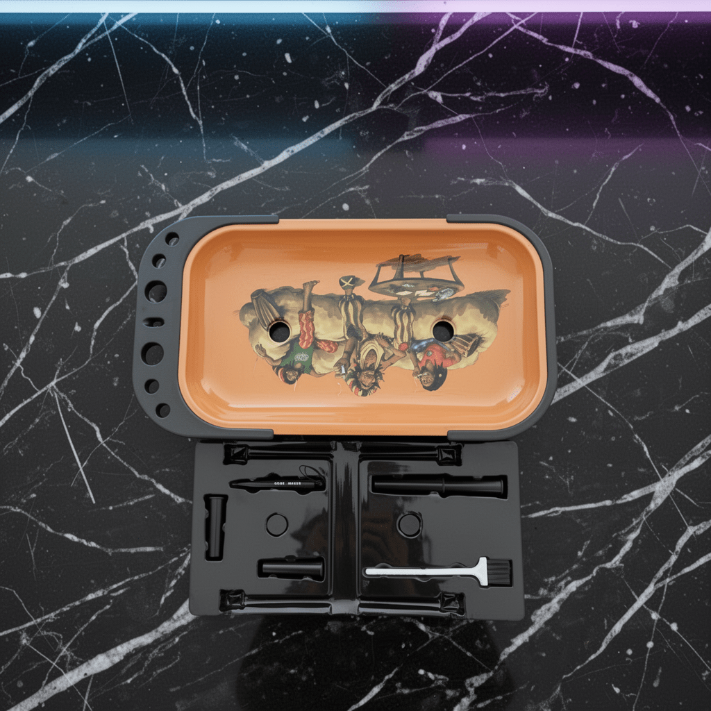 Reggae Mini Folding Prep TableBlack and orange smoking tray with decorative design on a black marble surface