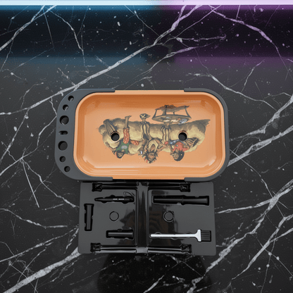 Reggae Mini Folding Prep TableBlack and orange smoking tray with decorative design on a black marble surface