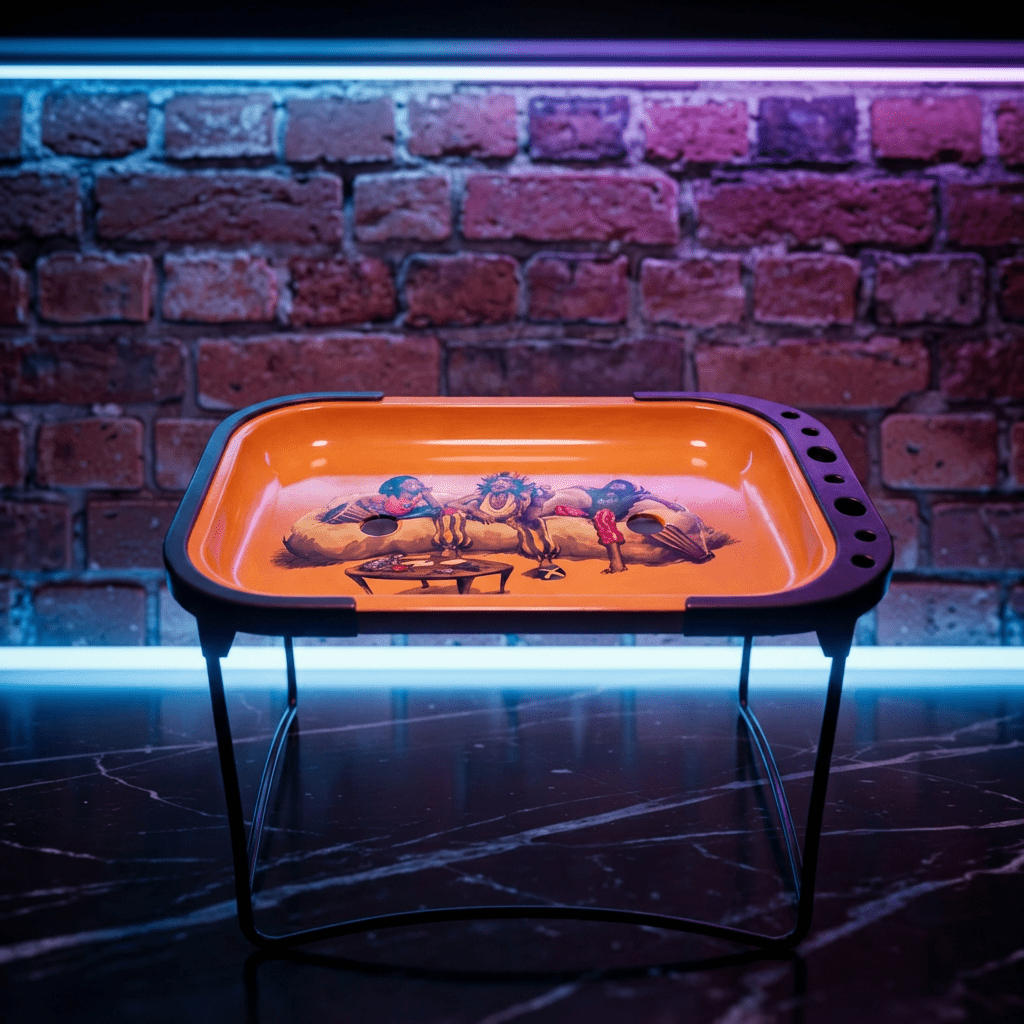 Reggae Mini Folding Prep TableOrange and black tray with artistic design on a reflective surface and brick wall background