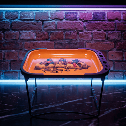 Reggae Mini Folding Prep TableOrange and black tray with artistic design on a reflective surface and brick wall background