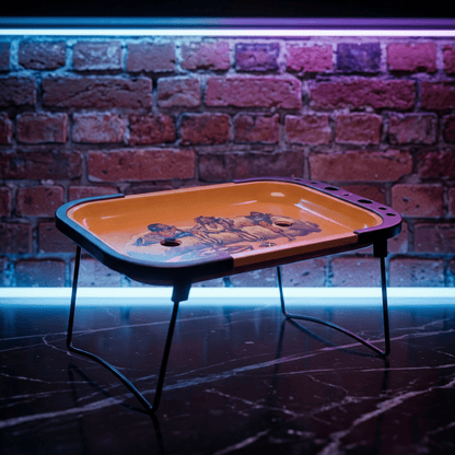 Reggae Mini Folding Prep TablePortable smoking table with artwork on a brick wall background