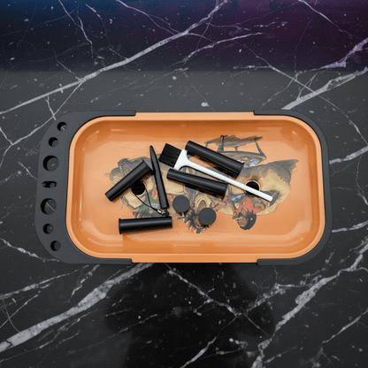 Reggae Mini Folding Prep TableOrange and black tray with smoking accessories on a dark marble surface