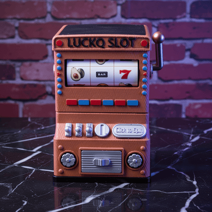 777 Jackpot Casino Novelty CrusherToy slot grinder with 'LUCKY SLOT' text against a brick wall background