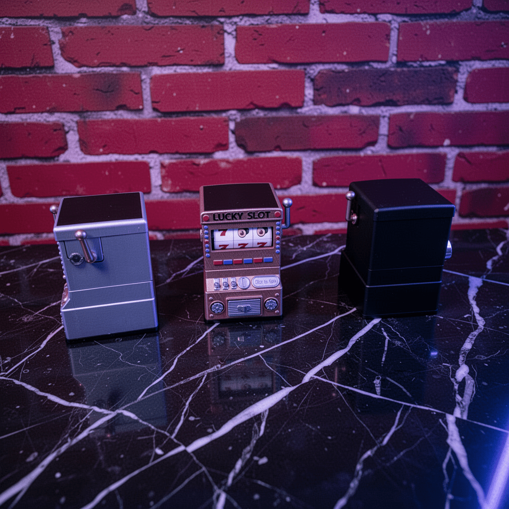 777 Jackpot Casino Novelty CrusherThree miniature slot herb grinders on a reflective surface with a brick wall background