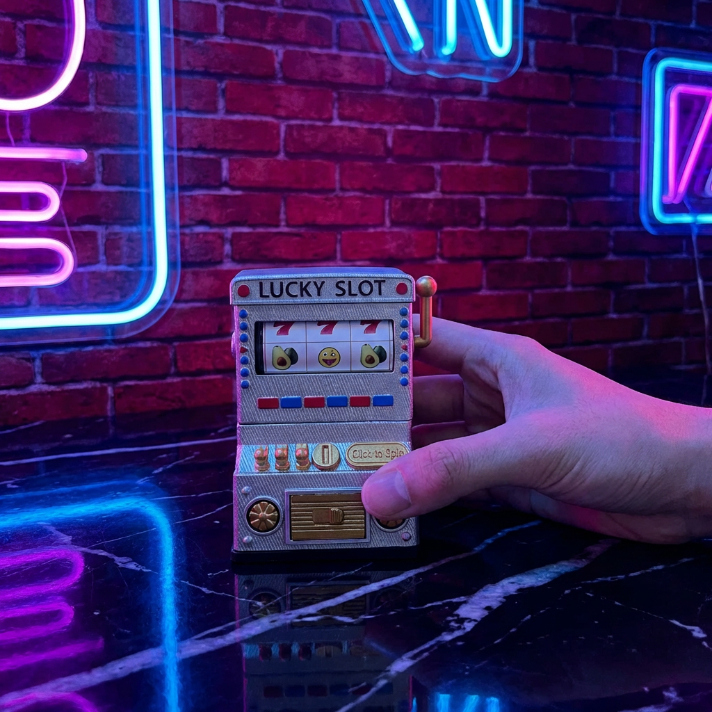 777 Jackpot Casino Novelty CrusherHand holding a 'Lucky Slot' herb grinder against a neon - lit brick wall.