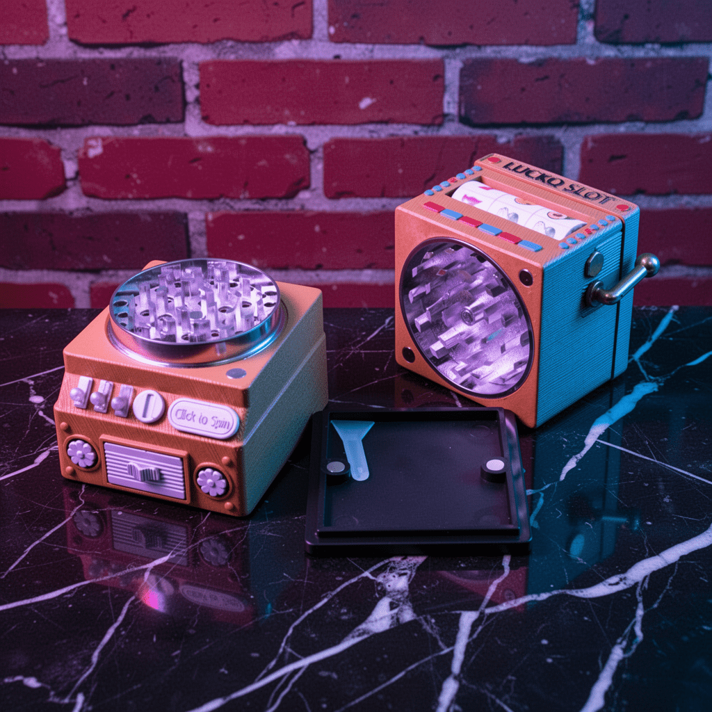 777 Jackpot Casino Novelty CrusherTwo vintage - style radio - like herb grinder on a reflective surface with a brick wall