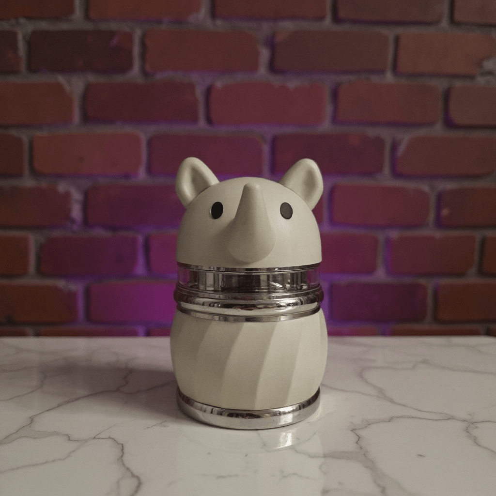 Rhino Buddy Herb Grinder – 4 - Layer Cute Spice & Herb Crusher4 - Layer Cute Spice & Herb CrusherWhite rhino - shaped herb grinder with silver accents and bold horn design