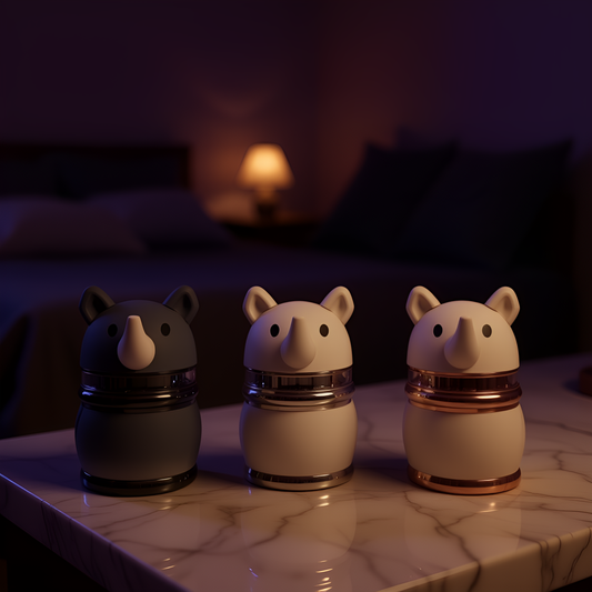 Rhino Buddy Tobacco Grinder – 4 - Layer Cute Spice & Herb CrusherThree rhino - shaped herb grinders in gray, silver, and rose gold finishes side by side on a wooden tabletop.