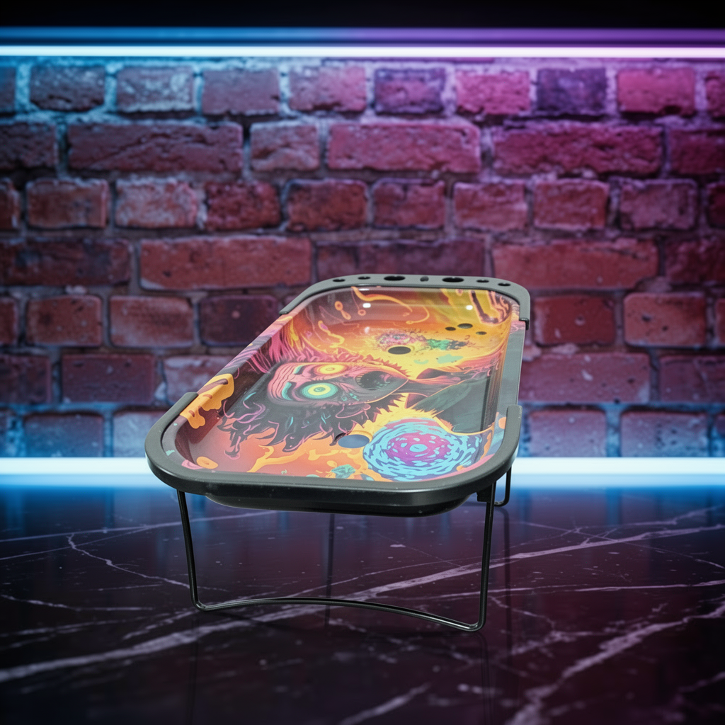 Rick and Morty Style Elevated Rolling Tray – Trippy Mad Scientist Prep StationColorful rolling tray with abstract design on a reflective surface against a brick wall.