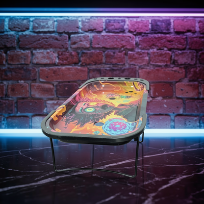 Rick and Morty Style Elevated Rolling Tray – Trippy Mad Scientist Prep StationColorful rolling tray with abstract design on a reflective surface against a brick wall.